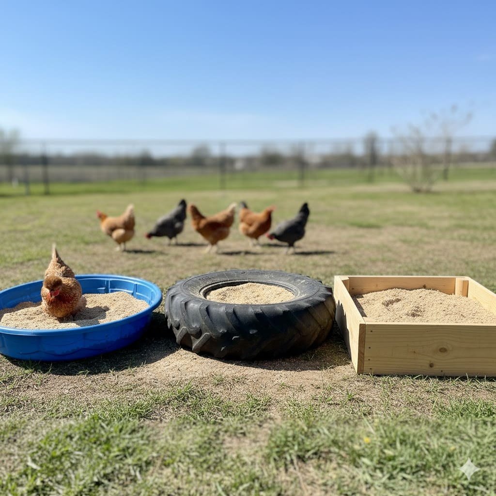 Three dust bath container options for chickens: blue kiddie pool, old tractor tire, and wooden box in chicken coop