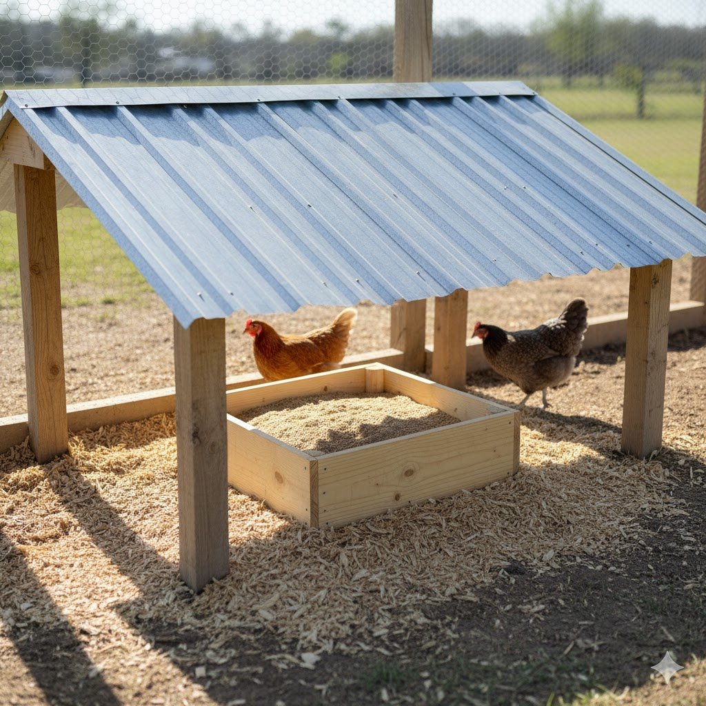 Dust bath container placed in covered, dry section of chicken run with roof protection from rain