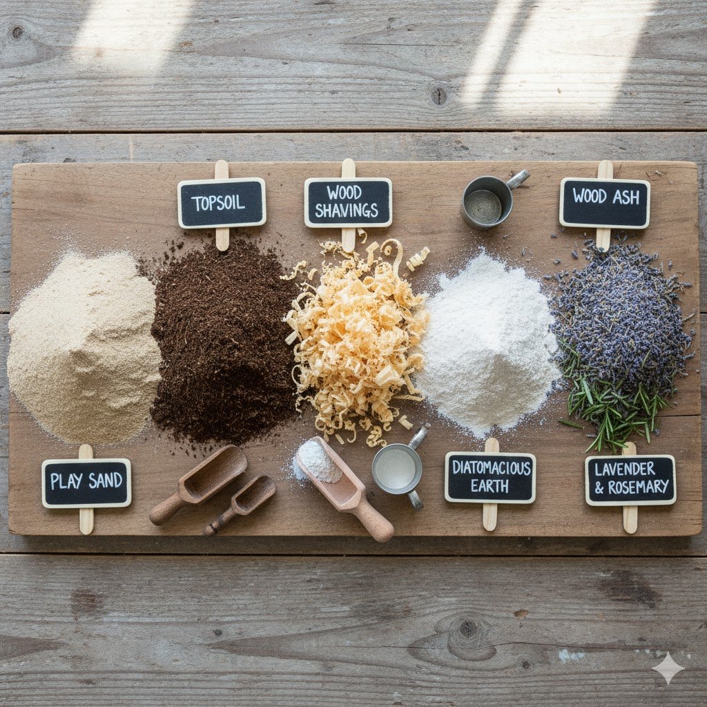 Six essential dust bath ingredients including fine sand, diatomaceous earth, wood ash, herbs, soil, and wood shavings displayed separately