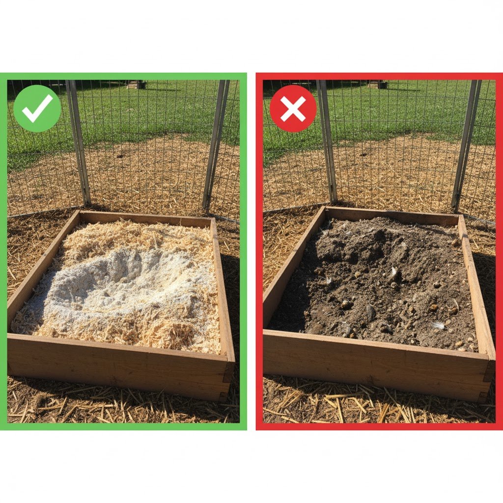 Side-by-side comparison of clean, fresh dust bath mixture versus dirty, neglected dust bath needing replacement