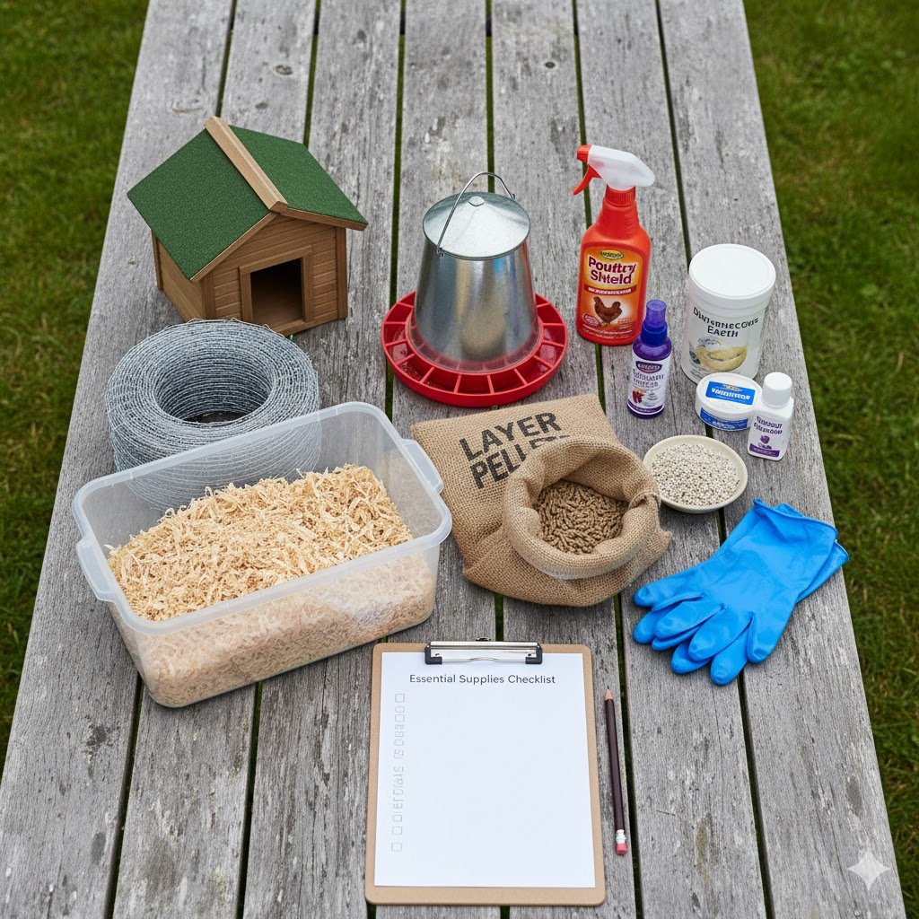 Flat lay arrangement of essential chicken keeping supplies including wooden coop model, metal feeder, waterer, layer pellets bag, bedding, and first aid kit on rustic background