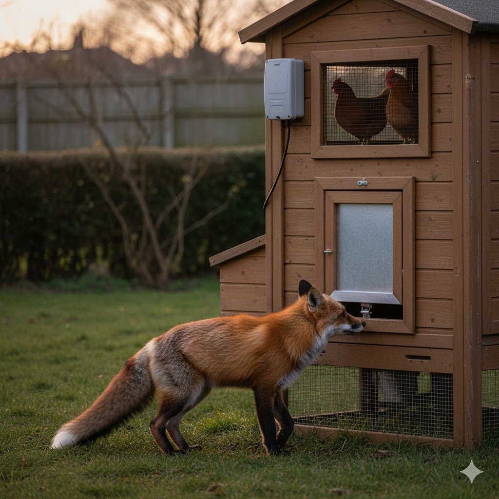Red fox attempting to access closed automatic chicken coop door at night demonstrating need for secure locking mechanism and predator protection