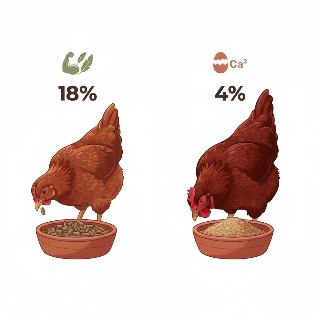 An infographic comparing a young pullet eating growers pellets to a mature hen eating layers pellets, highlighting the difference in protein and calcium.