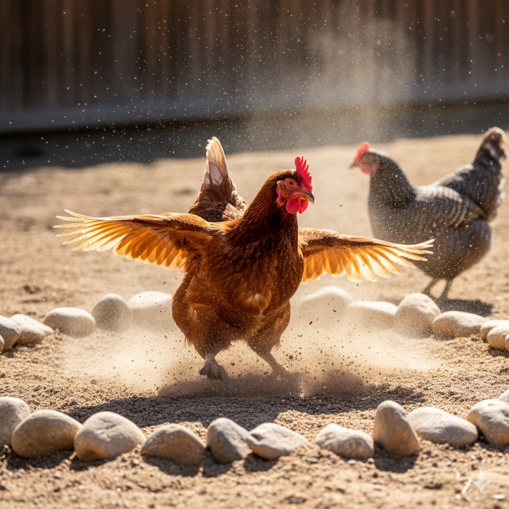 An action shot of a happy chicken flapping its wings and kicking up dust in a designated dust bath area framed with smooth river stones in a sunny part of the run.