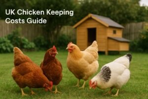 Happy brown chickens foraging in UK backyard garden with wooden coop showing typical setup for keeping chickens with cost breakdown overlay