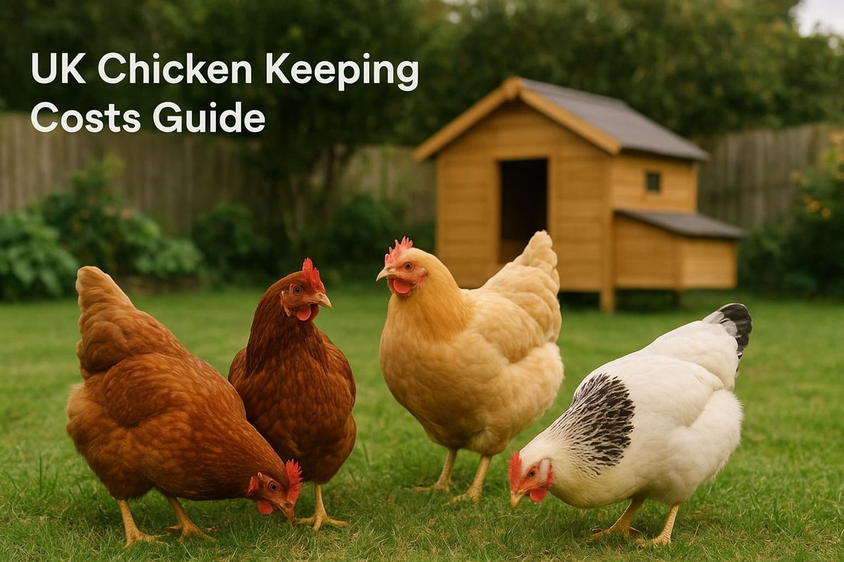 Happy brown chickens foraging in UK backyard garden with wooden coop showing typical setup for keeping chickens with cost breakdown overlay
