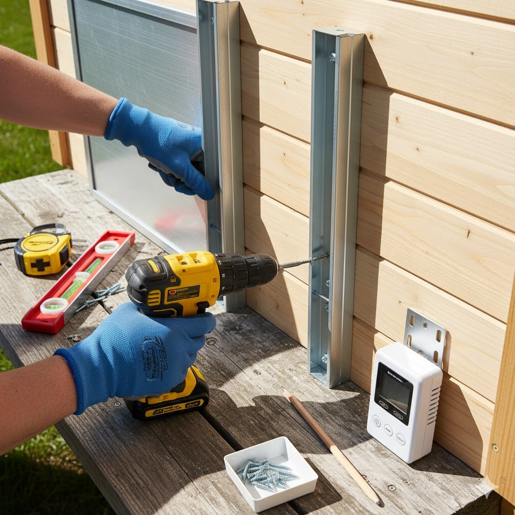 Person using cordless drill to install automatic chicken coop door rails on wooden coop wall with measuring tape and level visible
