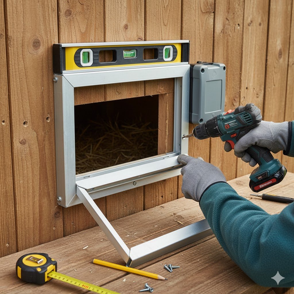 Person using cordless drill to install automatic chicken coop door on wooden coop wall with spirit level and measuring tape visible showing DIY installation process
