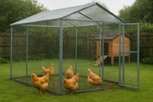 Walk-in chicken run review: UK backyard setup with hens in a spacious, fox-proof enclosure under rainy skies