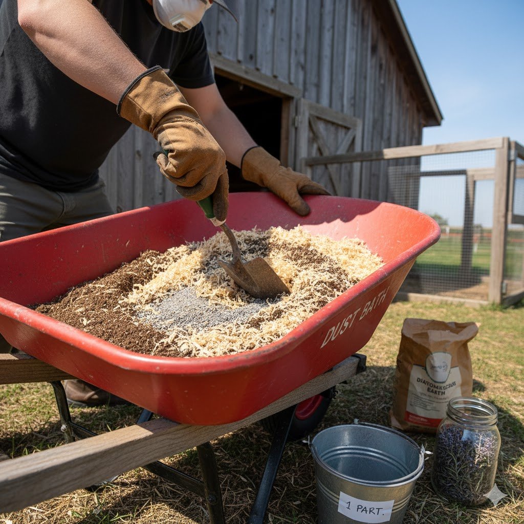 Person wearing dust mask mixing chicken dust bath ingredients in wheelbarrow with measuring bucket