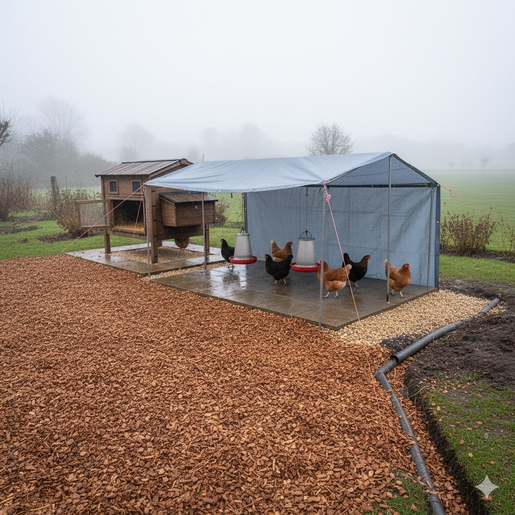 What is the best ground cover for a muddy chicken run in the UK: hardwood wood chips over gravel in winter.