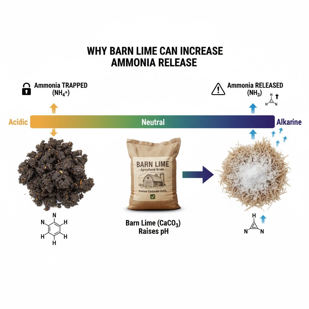 Scientific diagram showing pH scale from acidic to alkaline with barn lime raising pH and releasing more ammonia gas from chicken droppings