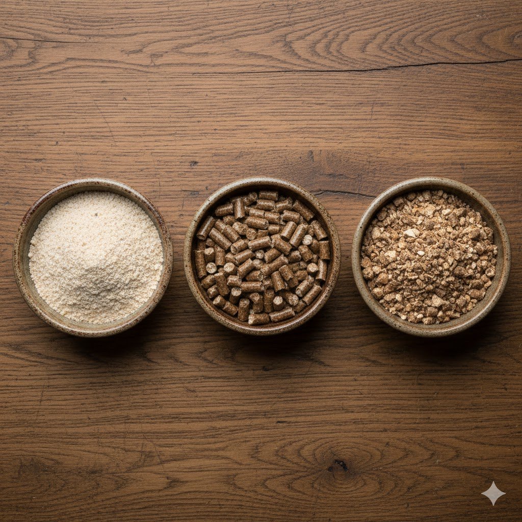 A flat-lay comparison of poultry mash, pellets, and crumbles in three separate rustic bowls on a wooden surface, showing the different textures.