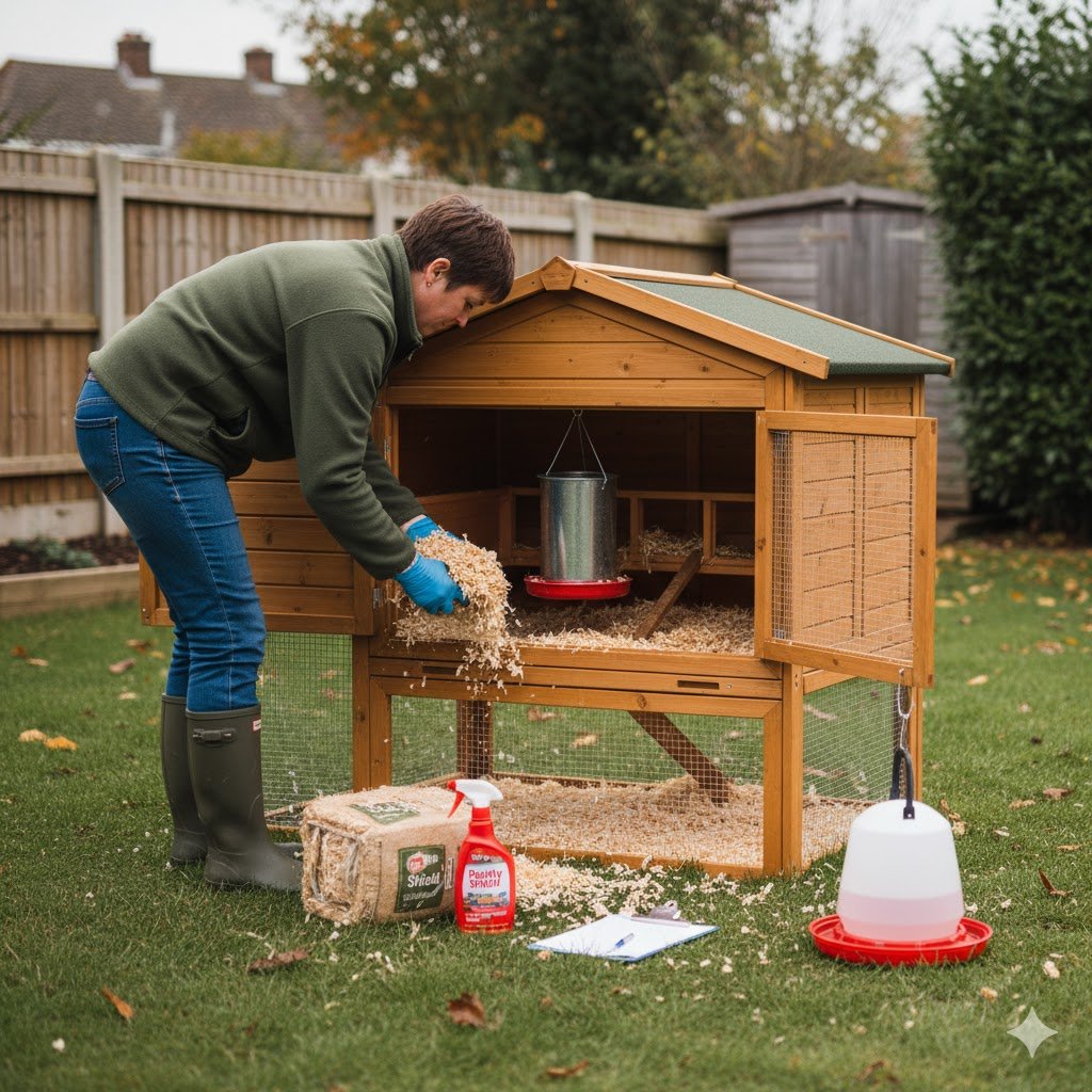 Person preparing chicken coop for new arrivals showing fresh bedding being added, feeder and drinker positioned, and clean coop ready for hens in UK garden