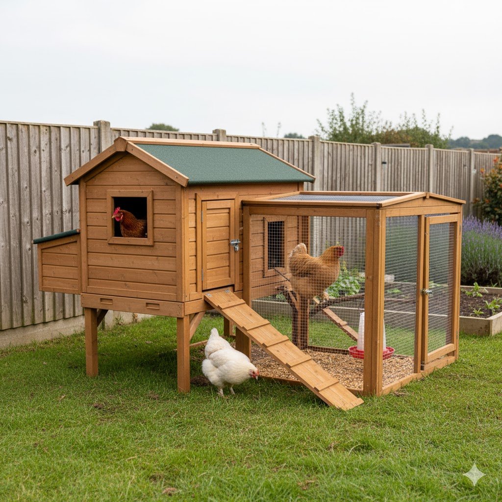 Well-constructed wooden chicken coop with secure run in UK backyard garden showing proper ventilation, roosting bars visible through window, and fox-proof welded mesh fencing