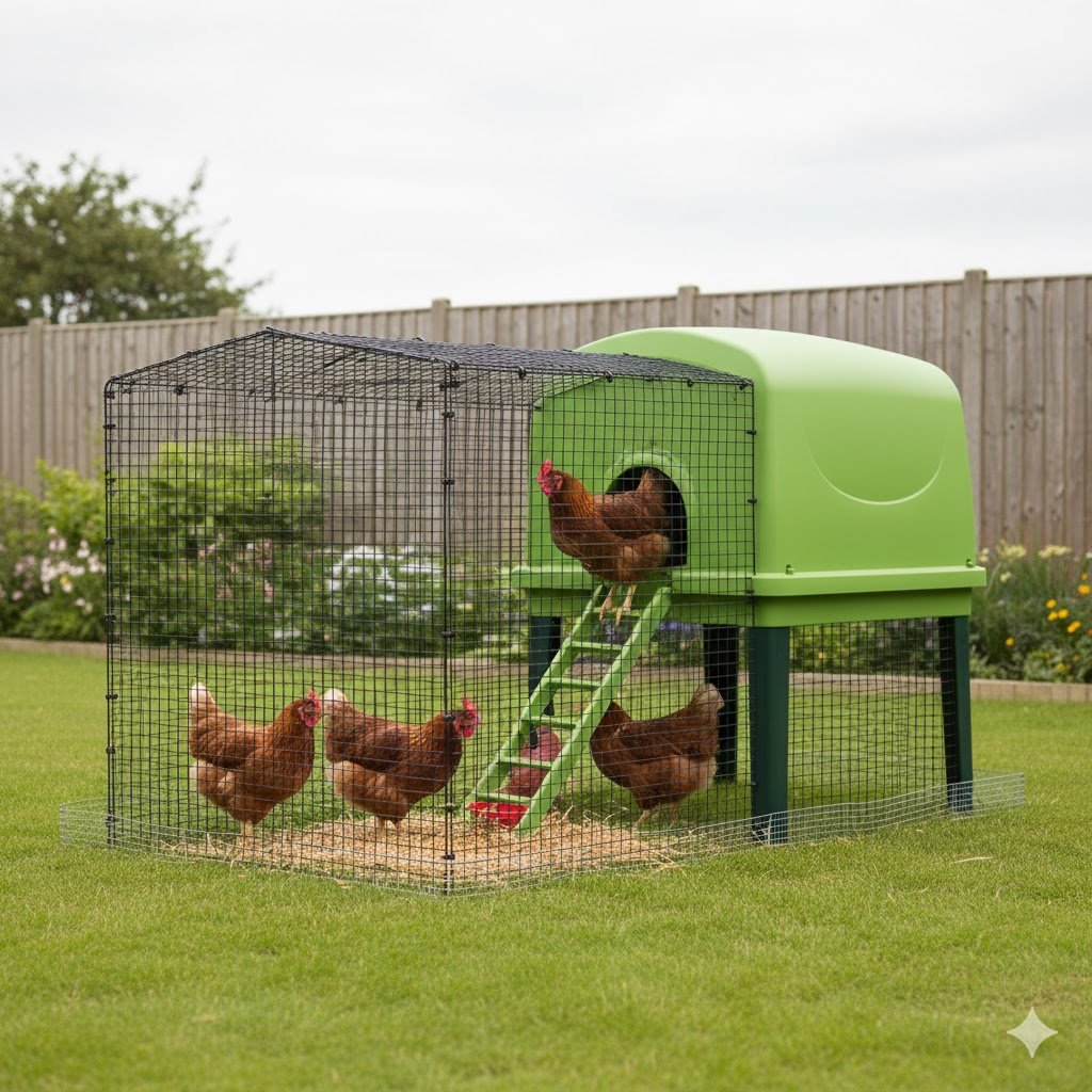 Traditional wooden chicken coop with raised design, 16-gauge galvanised mesh run and secure locks protecting 4 chickens in a small UK garden