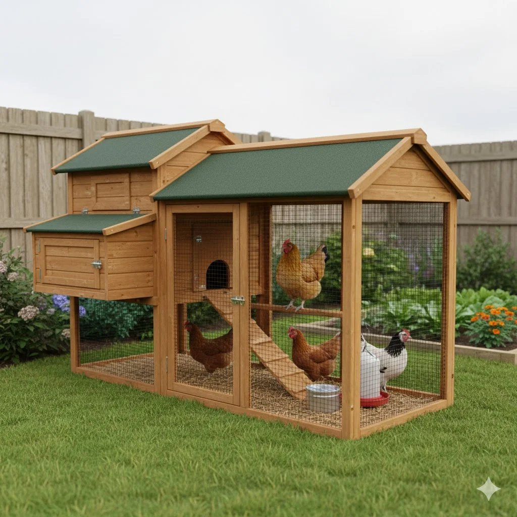 Well-maintained wooden chicken coop in a small UK garden with secure run, four hens, and proper fencing