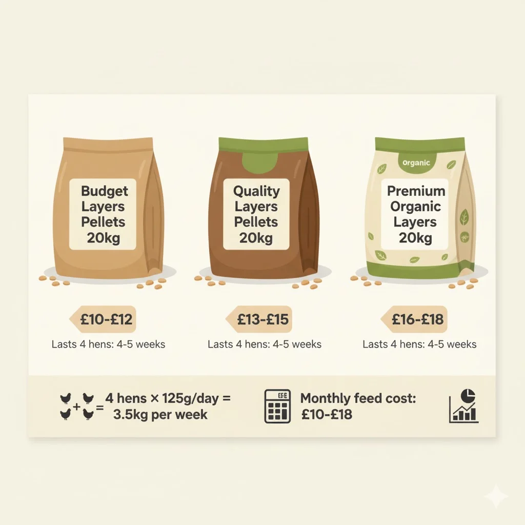 Comparison of UK chicken feed brands showing 20kg bag costs ranging from £10 to £18 with monthly feeding costs for 4 hens