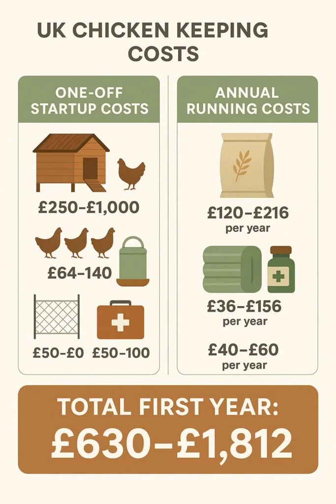 Infographic showing first year costs to keep 4 chickens in the UK including coop, feed, bedding and healthcare expenses