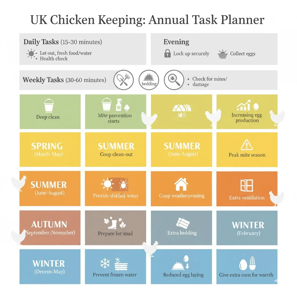 Monthly chicken keeping task calendar showing daily 15-30 minute routines, weekly cleaning, and seasonal maintenance for UK backyard flocks