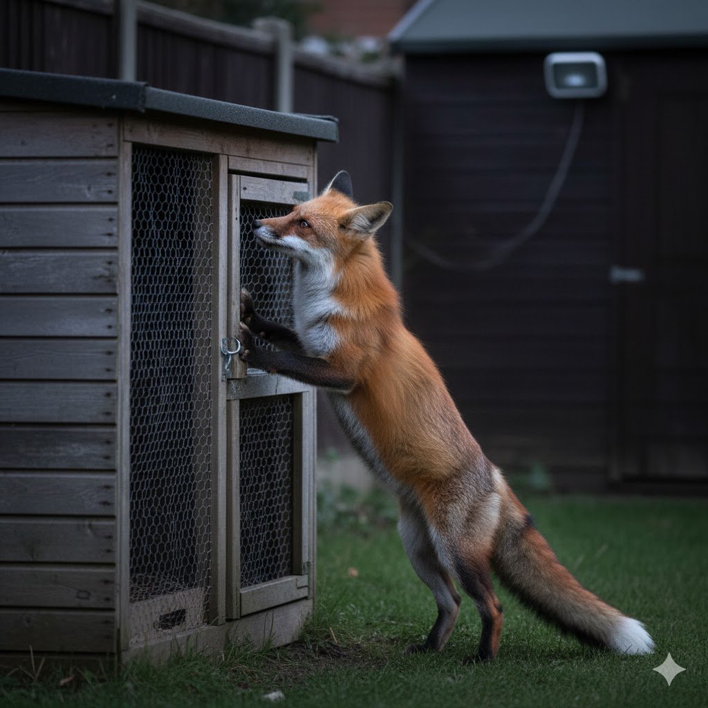 Red fox investigating a budget chicken coop at dusk, demonstrating how foxes test coop defenses by pawing at thin chicken wire and latches