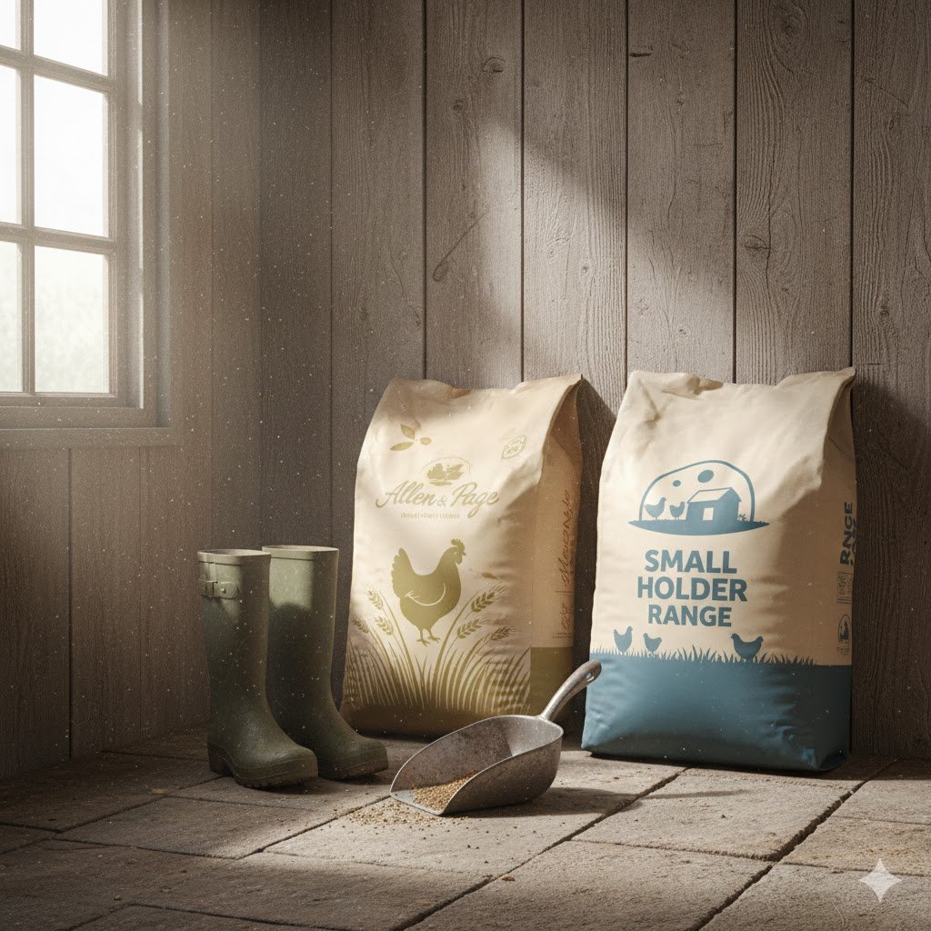 Bags of chicken feed with designs suggesting Allen & Page and Small Holder Range, stored neatly in a rustic UK potting shed next to wellington boots