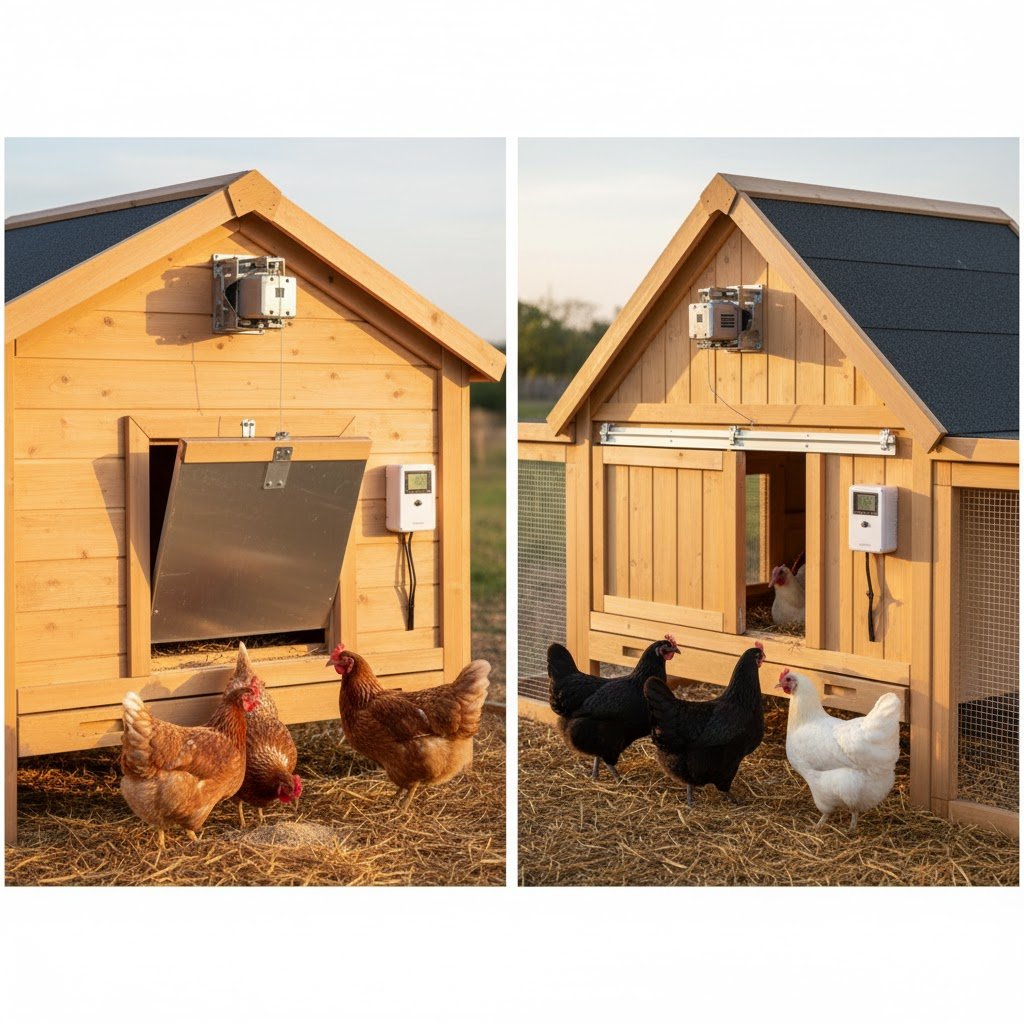 Side-by-side comparison of vertical sliding automatic chicken door and horizontal sliding automatic chicken door installed on coops