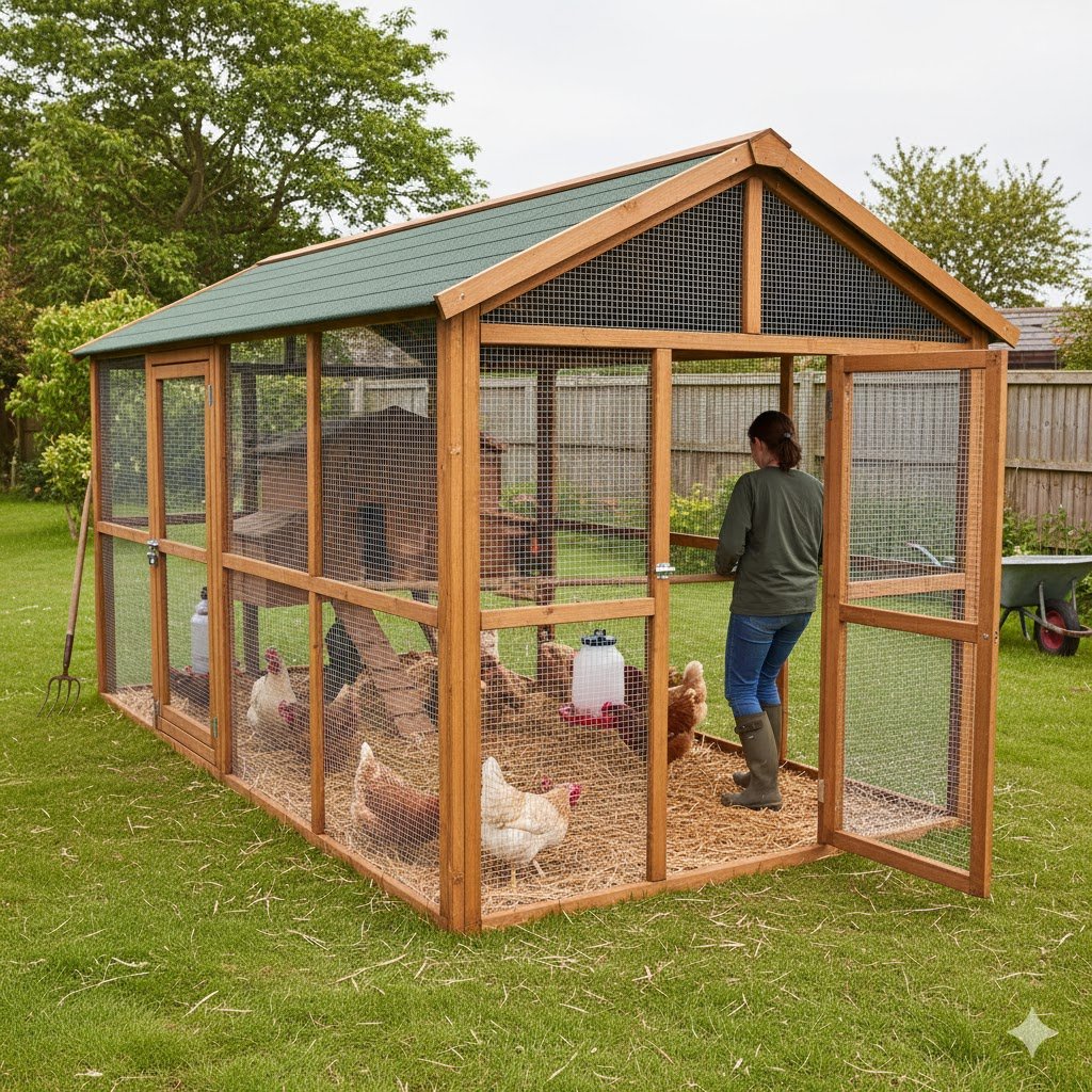 Large walk-in chicken coop with full-height mesh run housing 12 brown and white chickens in a UK garden with robust timber construction and secure entrance