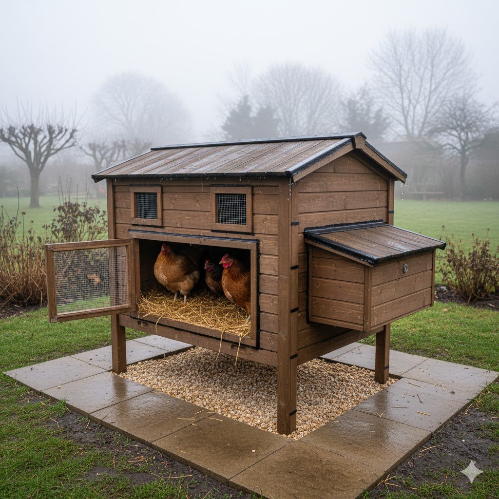 How to winter proof your chicken coop: elevated wooden structure on blocks in damp British winter.