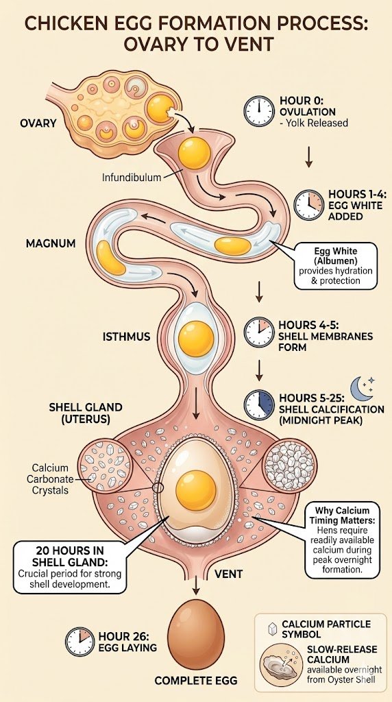Educational diagram showing chicken egg formation stages through oviduct with time labels indicating yolk release, white addition, membrane formation, and 20-hour shell calcification process in shell gland