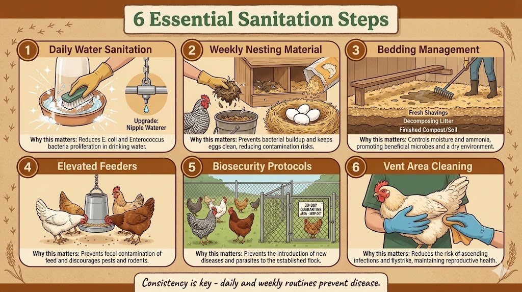  Illustrated guide showing six sanitation steps for chicken coop management: clean waterers, fresh nesting material, bedding management, elevated feeders, biosecurity measures, and vent area cleaning to prevent bacterial infections