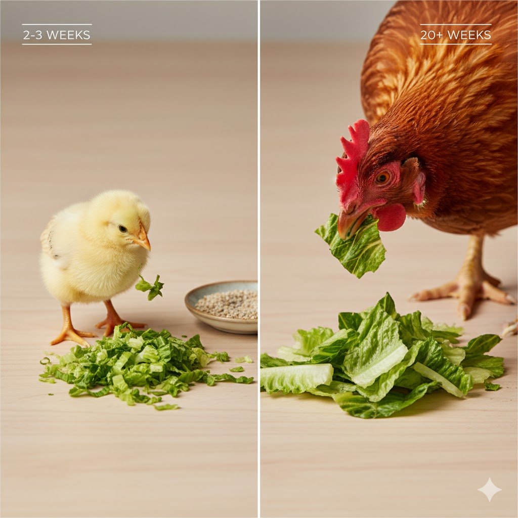 Young chick with finely chopped lettuce compared to adult hen eating whole lettuce leaves