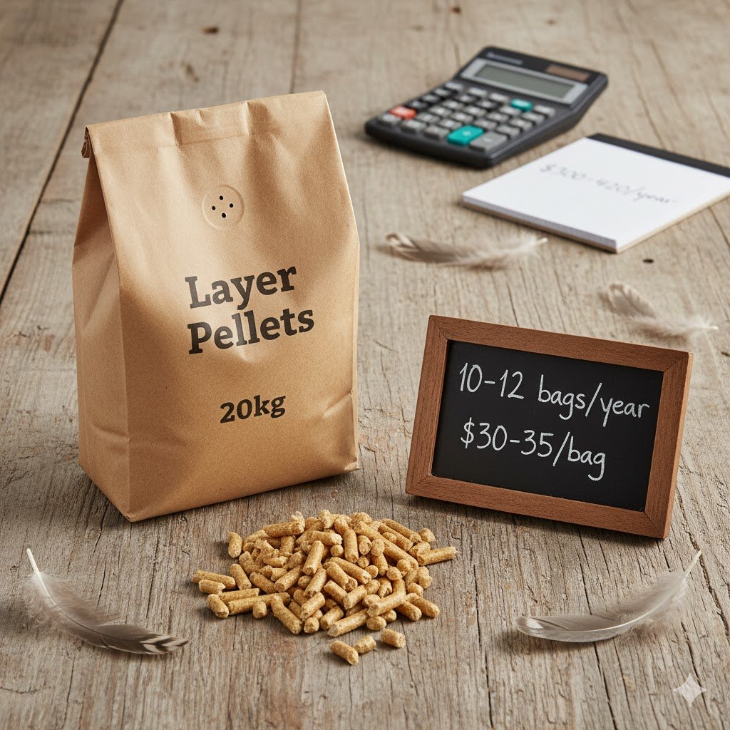Chicken layer pellets feed bags showing annual costs Australia backyard poultry expenses