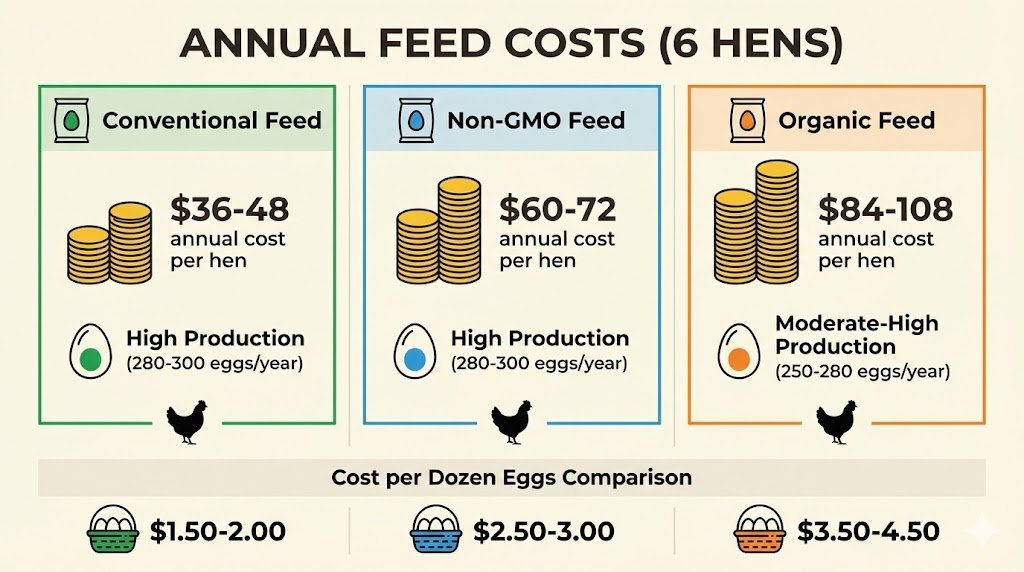 Infographic showing annual costs of conventional, non-GMO, and organic chicken feed for six hens with visual cost breakdown and egg production metrics