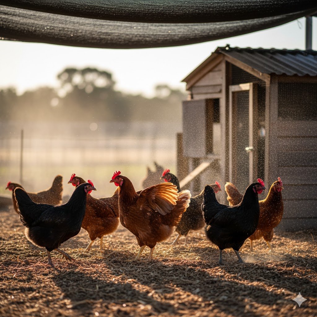 Happy ISA Brown and Australorp chickens standing in fine mist from DIY cooling system on hot Australian summer day with behavior showing heat relief