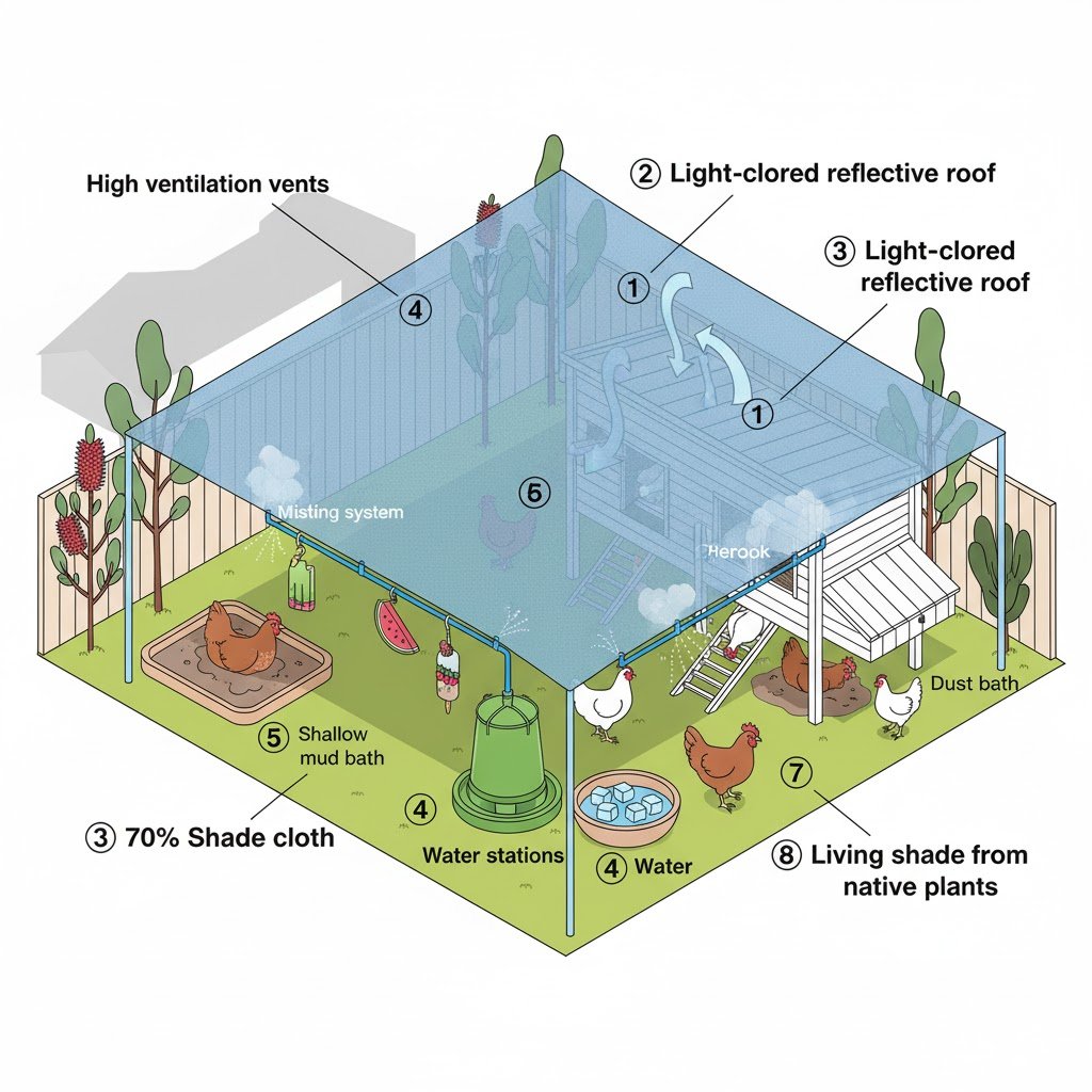 Detailed diagram showing essential cooling features for Australian chicken coops including shade cloth, ventilation, water stations, mud bath, and frozen treats