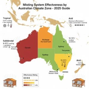 Map of Australia showing tropical, subtropical, temperate, and arid climate zones with misting system effectiveness ratings and installation recommendations