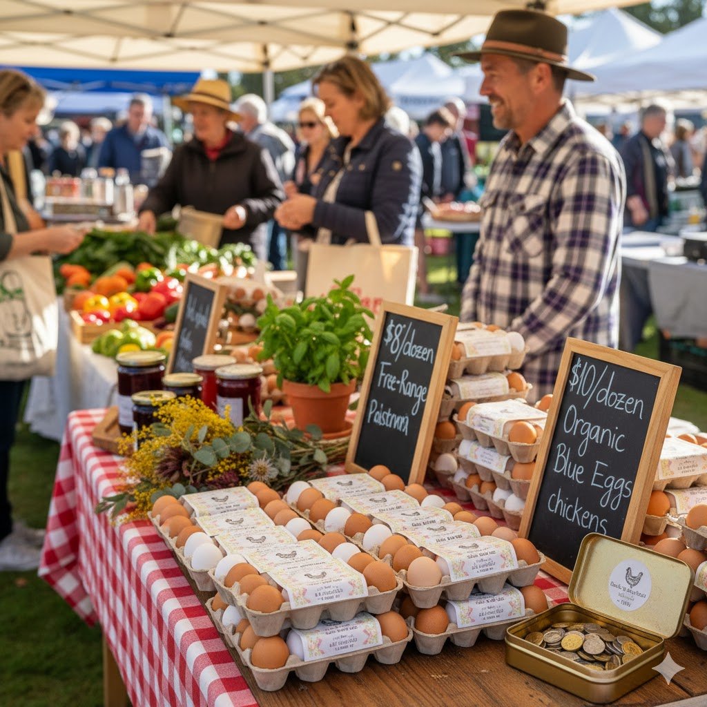 Fresh backyard eggs displayed at Australian farmers market showing premium pricing of 7 to 13 dollars per dozen for free-range local eggs