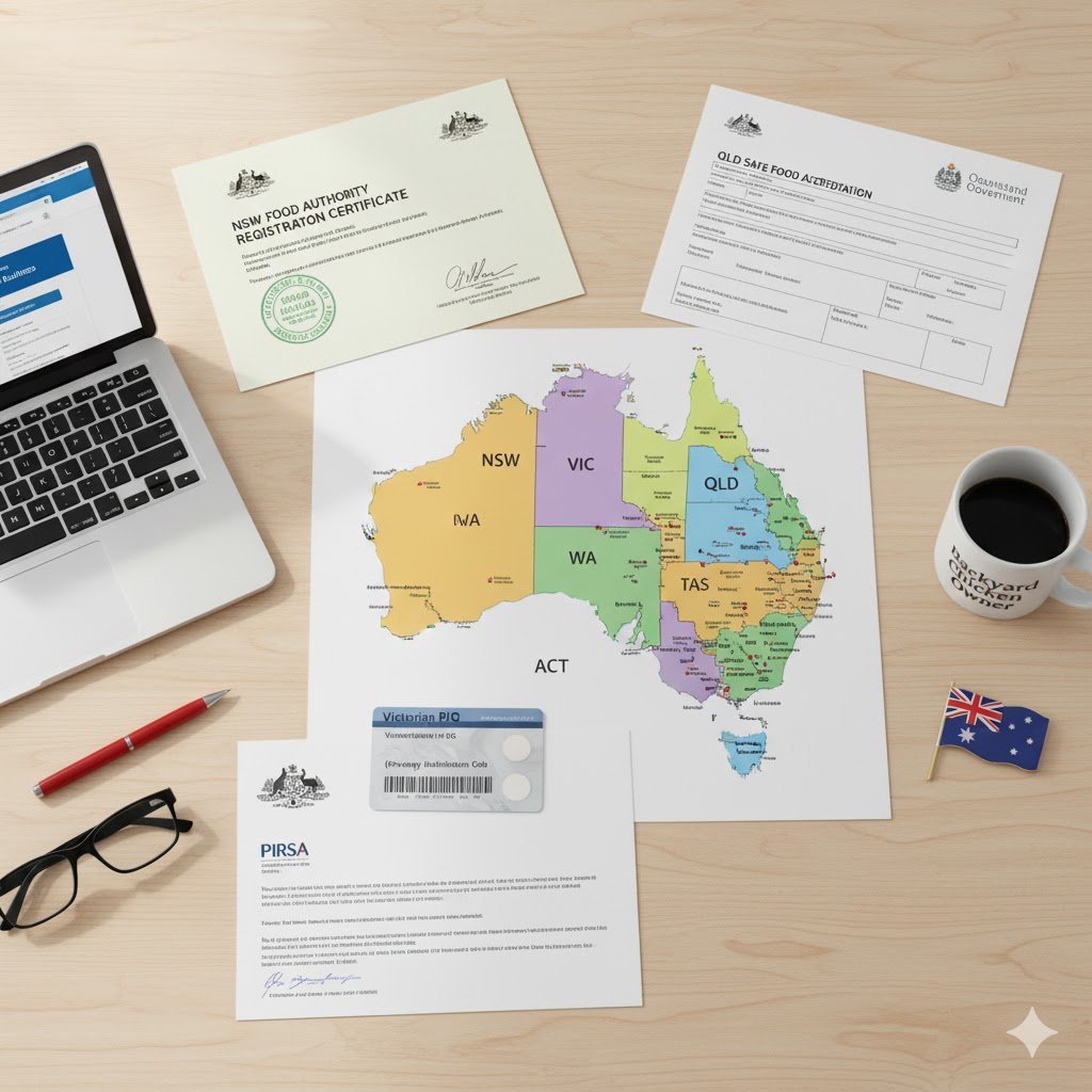 Map of Australia with state-specific egg selling permits and registration documents for NSW, Victoria, Queensland hobbyists