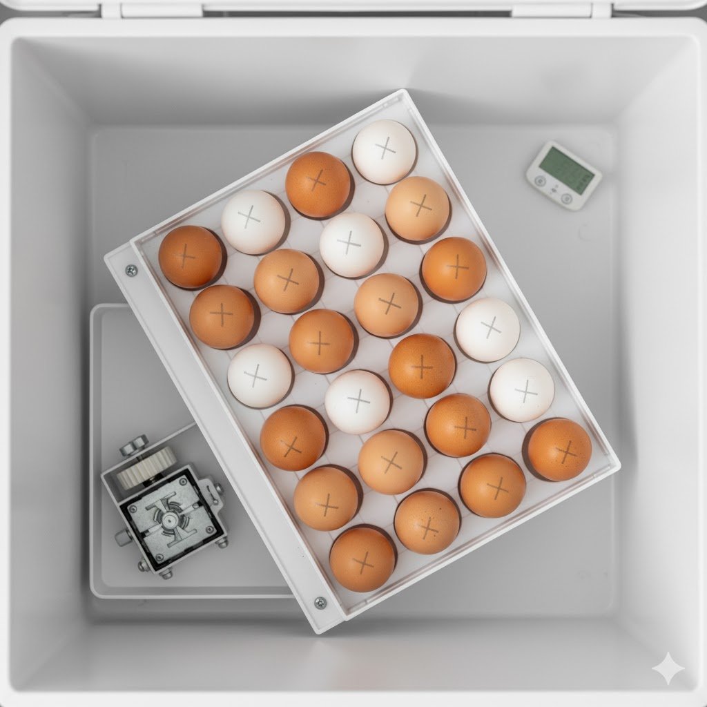 Automatic egg turner mechanism gently rotating chicken eggs in incubator to prevent embryo adhesion