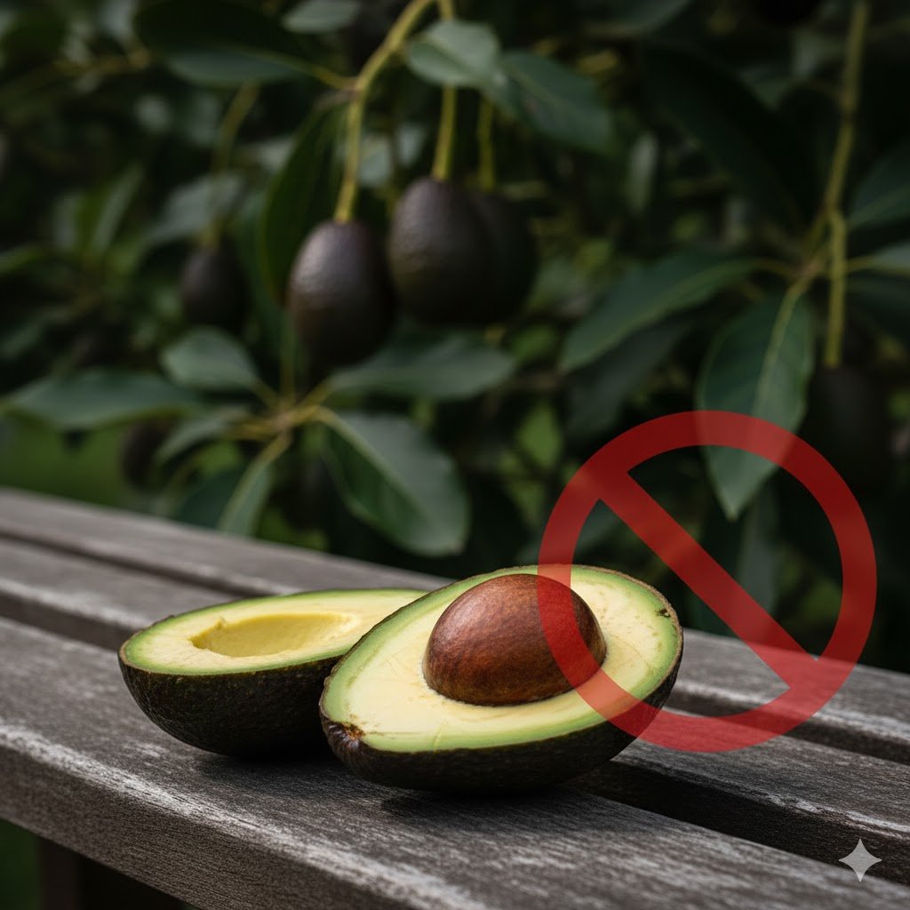 Avocado tree with fruit and pit showing toxic parts dangerous to chickens with warning symbol overlay