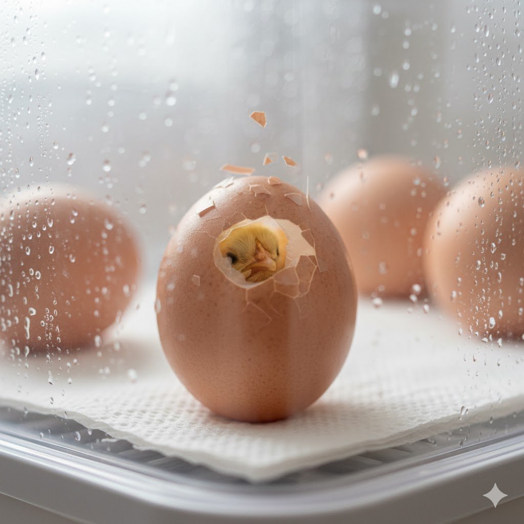 Day-old chick pipping through brown eggshell during hatching in incubator with visible beak breaking through
