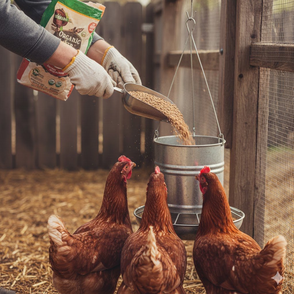 Hand pouring measured organic chicken feed from bag into hanging feeder while Rhode Island Red hens wait eagerly, demonstrating proper daily feeding portions