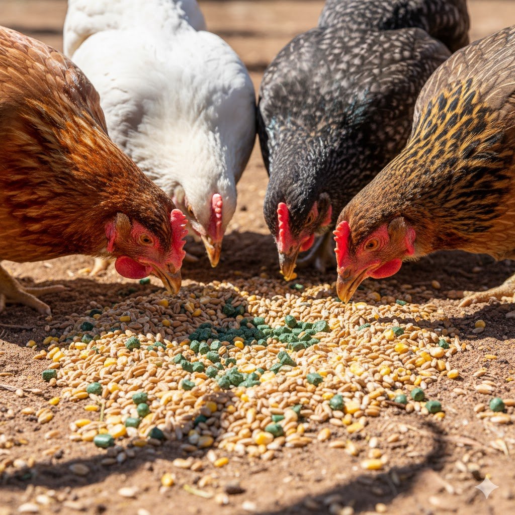 Brown and white backyard chickens pecking at combination of grain kernels and green pellet feed on ground in Australian chicken run
