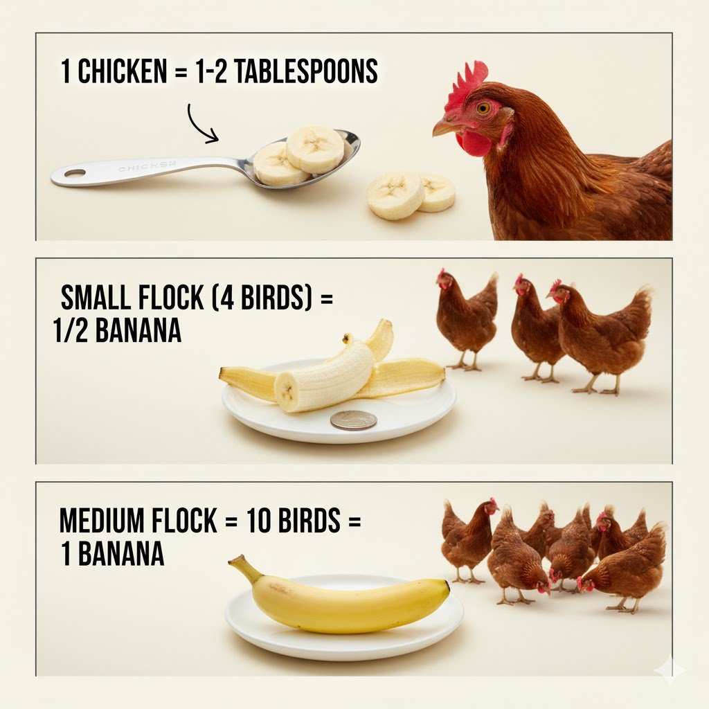 Visual guide showing correct banana portions with measuring spoons - one tablespoon for single chicken, half banana for small flock, whole banana for medium flock