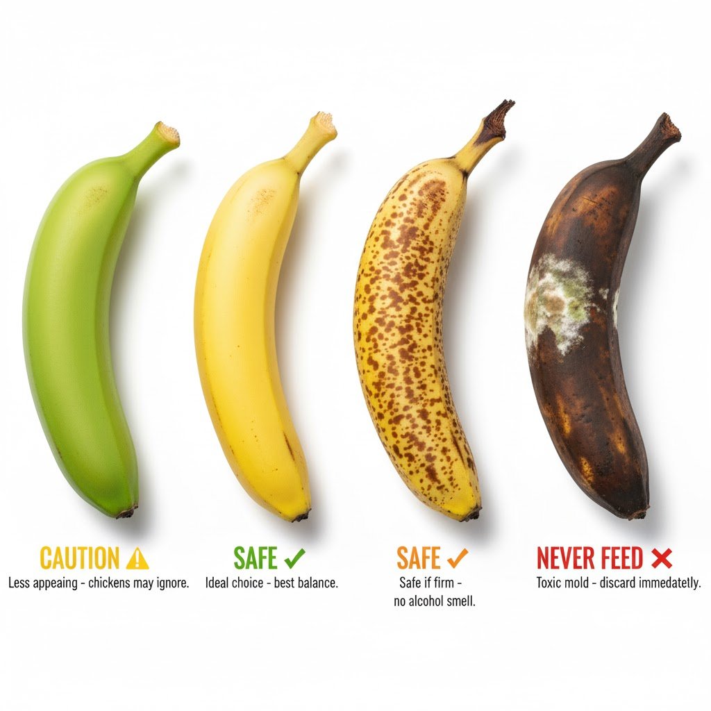 Four bananas showing ripeness stages from green to moldy with safety indicators - green yellow brown-firm and moldy banana with red X