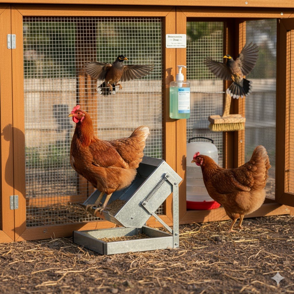 biosecurity chicken coop australia showing treadle feeder and covered water preventing wild bird access avian influenza