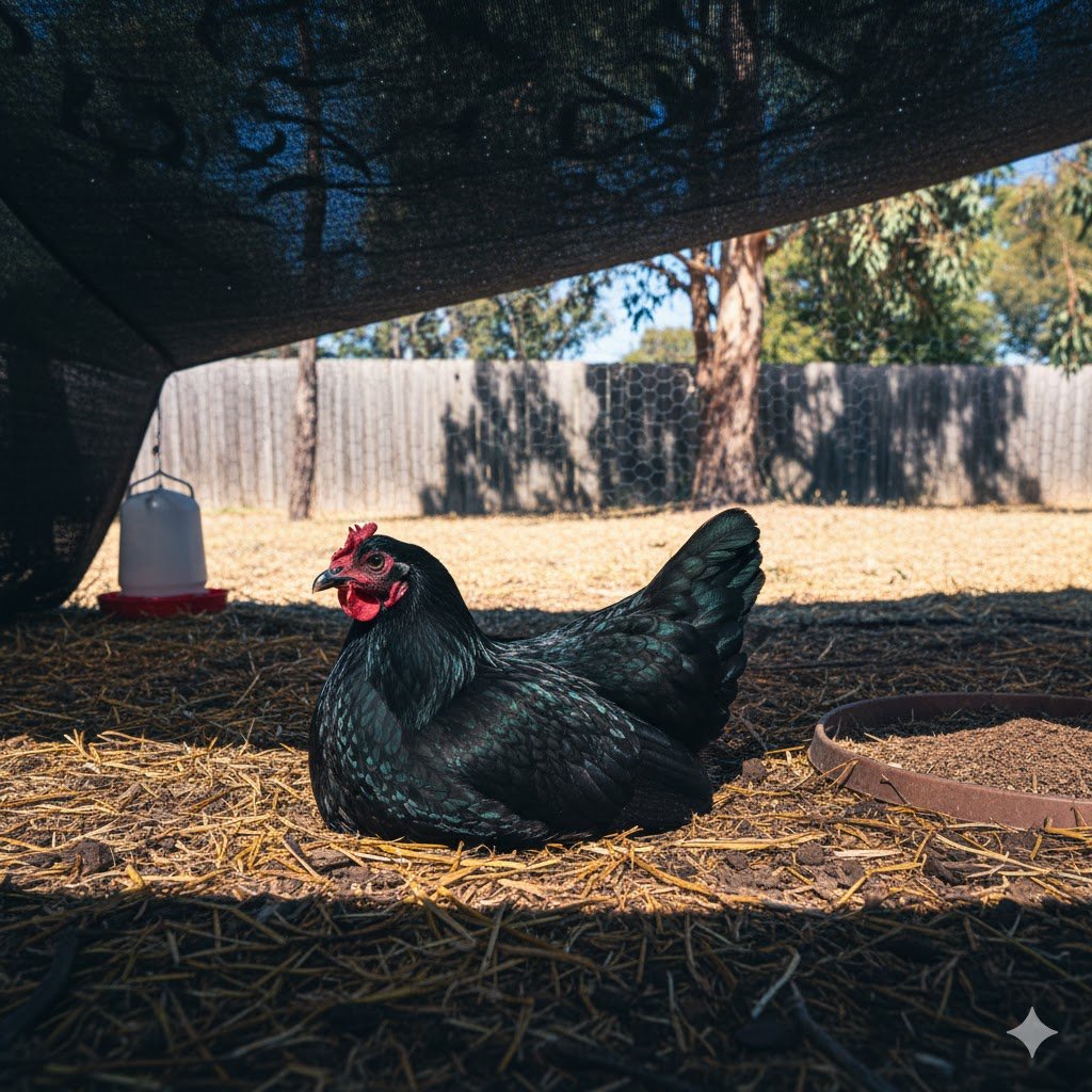 Healthy black Australorp chicken resting under deep shade cloth with eucalyptus trees in Australian backyard during hot summer day