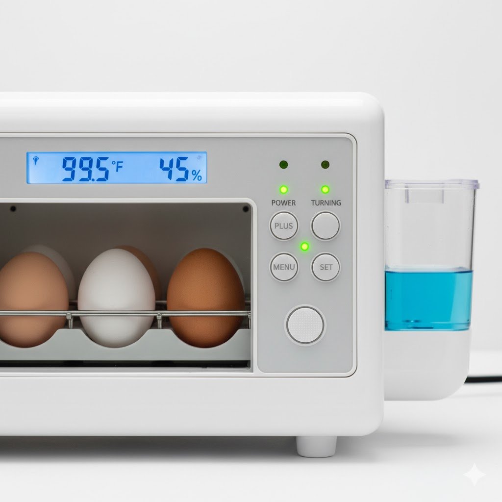 Brinsea Ovation 28 EX incubator digital display showing temperature and humidity controls