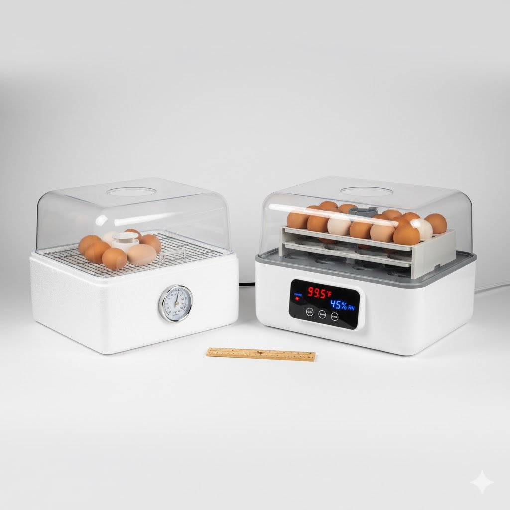 Side-by-side comparison showing budget manual incubator next to premium automatic incubator with digital controls for beginners